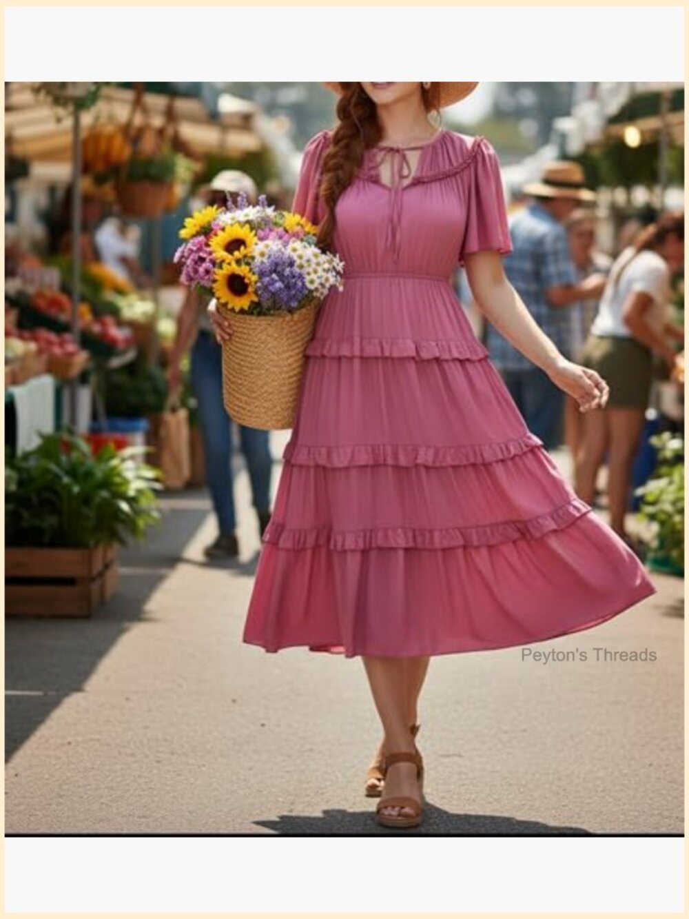 Boho Short Sleeve Midi Dress with Pockets Flowy Rayon Casual - Picture 5 of 5